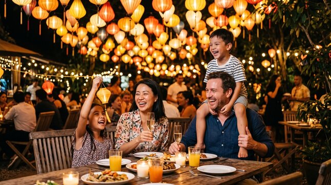 Family enjoys a festive outdoor dinner under colorful lanterns and string lights at night