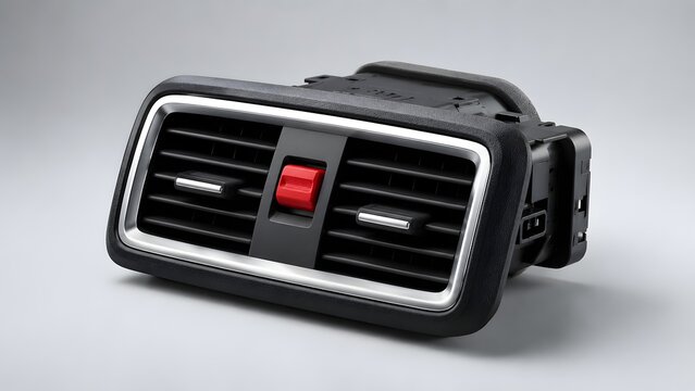 Modern car air conditioning vent with a distinct red hazard light button, showcasing a new, precise automotive interior component on white.