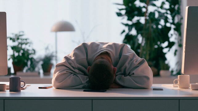 Exhausted office worker asleep at the desk from workplace burnout
