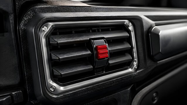 Modern vehicle rugged dashboard air vent, featuring textured black plastic, metallic trim, and prominent red airflow adjustment control.