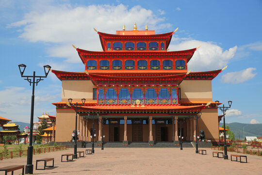 Historical monument Ivolginsky datsan "Khambyn Khuree", buddist temple, beautiful architecutral landmark, sight. Buryat architecture, building facade in Ulan-Ude city, Russia
