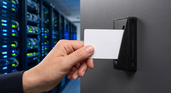 Accessing secure server cabinet using blank smart card held by person hand in modern datacenter.
