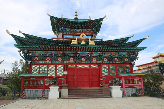 Historical monument Ivolginsky datsan "Khambyn Khuree", buddist temple, beautiful architecutral landmark, sight. Buryat architecture, building facade in Ulan-Ude city, Russia