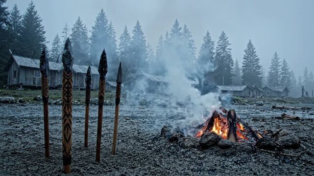 Ancient village scene with campfire and spears, misty forest background