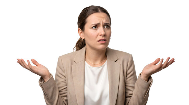 Confused businesswoman shrugging shoulders with doubt. Uncertain female professional in beige blazer gesturing I don't know. Puzzled woman feeling indecisive