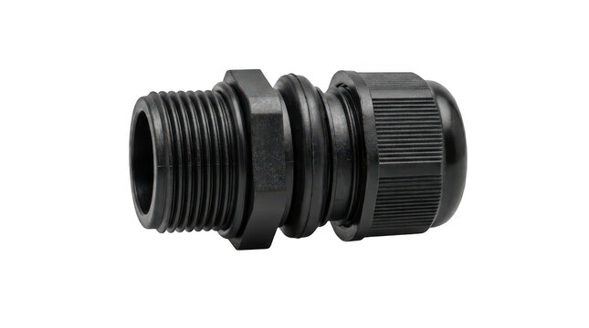 Black plastic waterproof electrical cable gland with screw threads for secure wiring connections on a clean white background transparent background