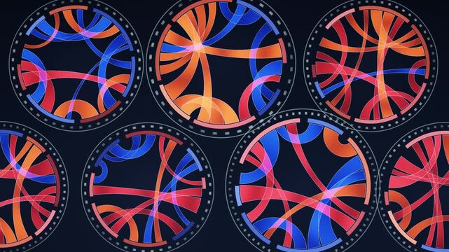 Abstract Chord Diagram Rings With Pulsing Connection Ribbons Data Visualization Seamless Loop in deep cobalt tones