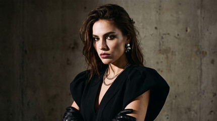 Fototapeta premium Elegant Woman in High-Fashion Black Outfit with Leather Gloves Against Concrete Background