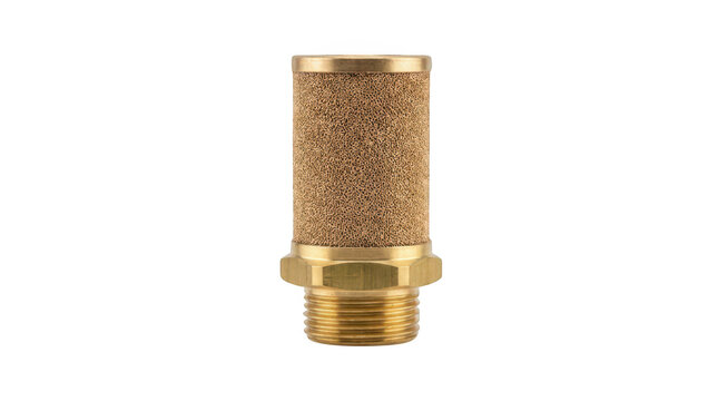 Brass or bronze pneumatic air silencer filter element with a threaded connection on a clean white background transparent background