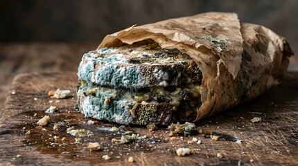 Fototapeta premium Moldy Bread Slices in Paper Bag on Rustic Wood.
