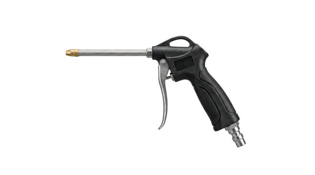 Professional pneumatic air blow gun with a brass nozzle and black plastic handle for workshop cleaning and industrial use transparent background