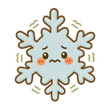 Shivering blue snowflake cartoon character with a sad face on white background.