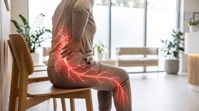 Person suffering from chronic lower back pain and sciatica nerve discomfort while sitting in a clinical medical office waiting room
