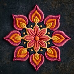 Fototapeta premium Colorful rangoli mandala flower design with layered petals in pink orange and gold on dark textured surface for festival and cultural decoration concept