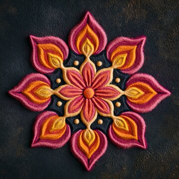 Colorful rangoli mandala flower design with layered petals in pink orange and gold on dark textured surface for festival and cultural decoration concept