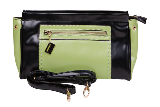 Black and green leather women clutch handbag with shoulder strap isolated on white background. Two tone female shoulder purse front view