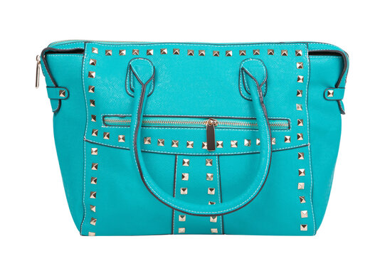 Turquoise teal leather women tote bag decorated with gold pyramid studs isolated on white background. Fashionable female purse front view