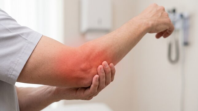 Person suffering from severe elbow pain touching inflamed joint area for medical evaluation and physical therapy treatment in a clinic setting