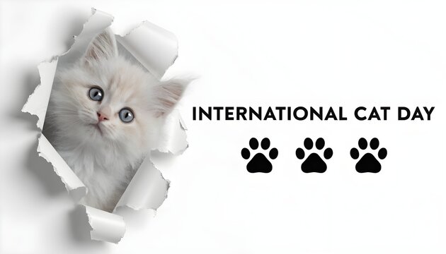 Celebrating international cat day adorable ragdoll kitten emerging through torn paper festive greeting