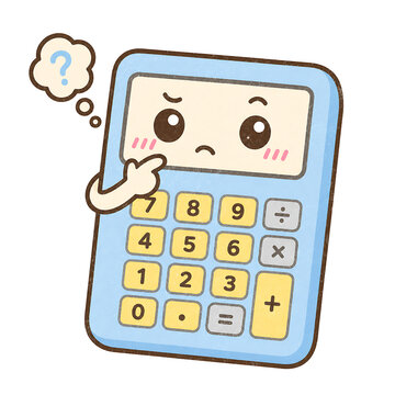 Kawaii blue calculator character looking confused with a question bubble.