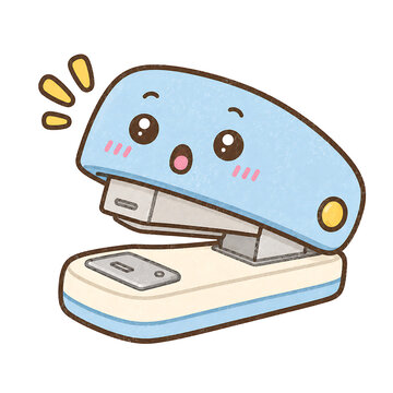 Surprised blue kawaii stapler mascot illustration on white background.