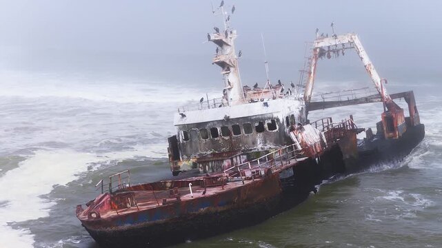 Aerial view shows a rusting Zeila Shipwreck near Skeleton Coast, Namibia. Choppy surf pounds the hull, seabirds crowd the mast, soft light and desaturated tones present.