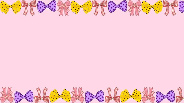 Festive decorative border with colorful polka dot bows in pink, purple, yellow. Charming frame ideal for invitations, celebrations, and sweet backgrounds