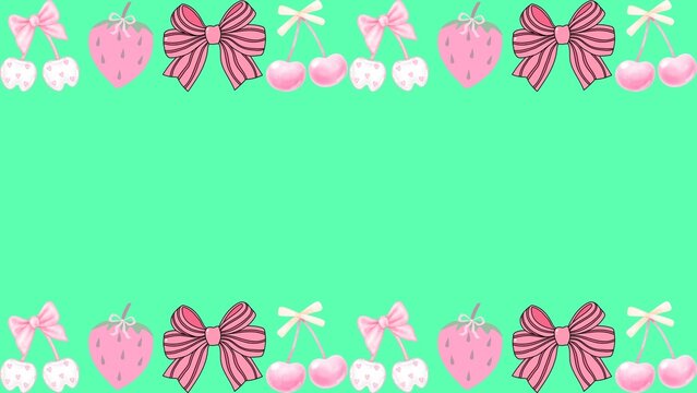 Delightful decorative border featuring sweet pink strawberries, elegant bows, and fresh white cherries set against a bright green background, ideal for charming aesthetic designs and playful projects