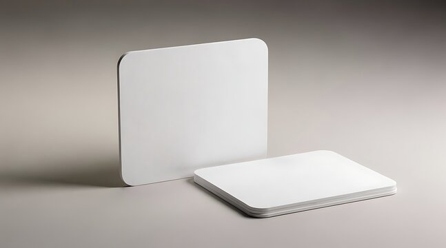 Two blank white square coasters with rounded corners on a neutral background.