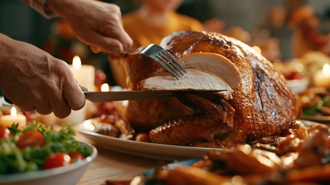 Golden Roasted Turkey Being Carved at Candlelit Thanksgiving Dinner with Warm Festive Atmosphere and Juicy Sliced Meat Close Up