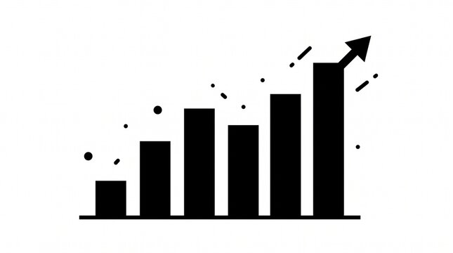 A high-contrast black-and-white vector illustration depicting a rising bar chart with an ascending arrow pointing upward from the tallest bar, surrounded by scattered accent dashes dots.
