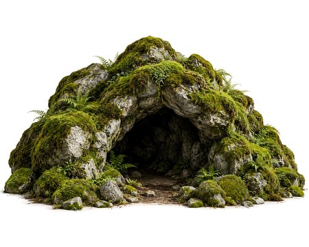 Moss covered rocky outcrop with a cave entrance isolated on a white background natural stone formation boulder cliff cove crag