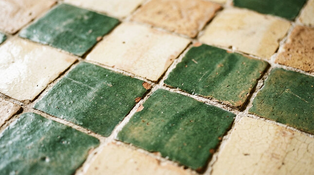Rustic Moroccan Zellige Handmade Green and Beige Tiles