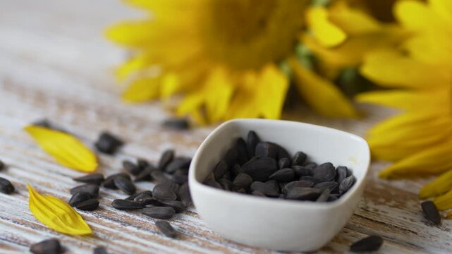 Macro shot of sunflower seeds inside white ceramic container video