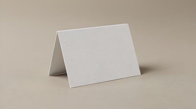 Blank white tent card standing on a neutral surface for event seating or place settings.