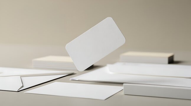 Blank white business cards and envelopes scattered on a neutral background.