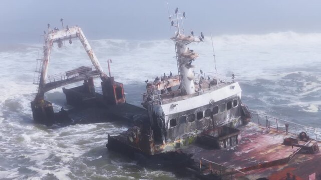 Aerial view shows a rusting Zeila Shipwreck near Walvis Bay, Namibia. Waves pound as cormorants circle and hop on the deck in soft morning light and mist.