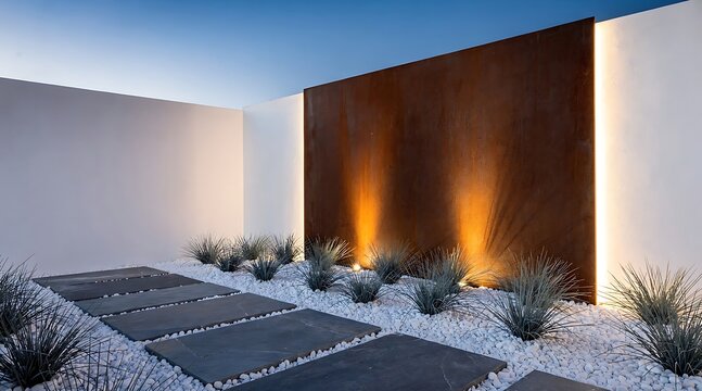 Modern Courtyard with Rusted Metal Wall and Uplighting.