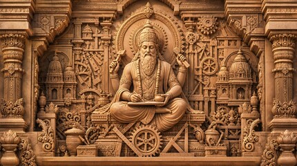 Fototapeta premium Monumental Sandstone Relief of Lord Vishwakarma Surrounded by Sacred Architecture, Engineering Tools and Ornamental Temple Carvings