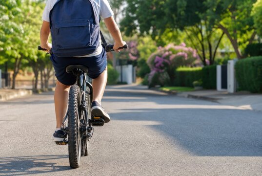 Schoolboy with blue backpack riding bicycle on sunny suburban street, back view of active child cycling through green neighborhood, healthy lifestyle and childhood independence concept.