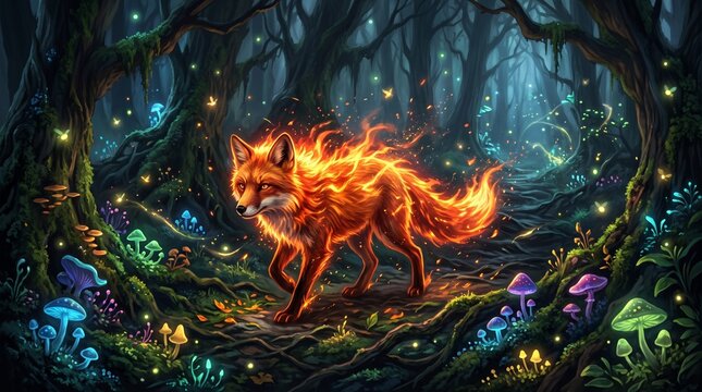 Fire fox walking through a mystical enchanted forest with glowing mushrooms and magical fireflies, perfect for fantasy book covers, gaming websites, and creative marketing banners