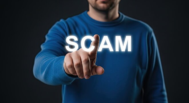 Man points to the word SCAM glowing on his blue sweater.