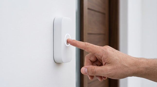 Hand pressing smart wireless doorbell button mounted on wall