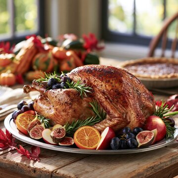 Autumn Harvest Roast Turkey Styled with Fresh Fruits Herbs and Warm Window Light Creating Cozy Seasonal Dining Atmosphere