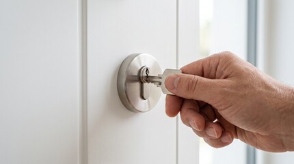 Naklejka premium Hand turning metal key in cylinder lock on a modern white door to unlock or secure house