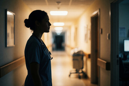 Female nurse standing alone in hospital corridor during night shift