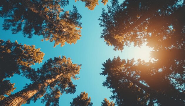 Upward View of Tall Forest Trees Against a Clear Blue Sky with Bright Sunrays and Natural Lens Flare