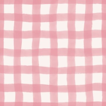 Handmade watercolor seamless pink gingham pattern with wavy checkered lines on cream background, soft pastel textile design