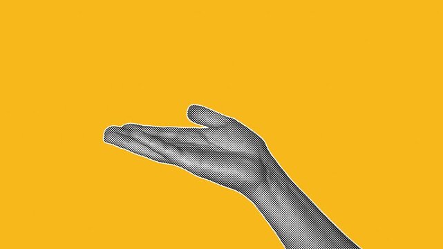 Hand performing italian bellissimo gesture with fingers opening to palm on yellow orange background, halftone pop art stop motion loop animation.