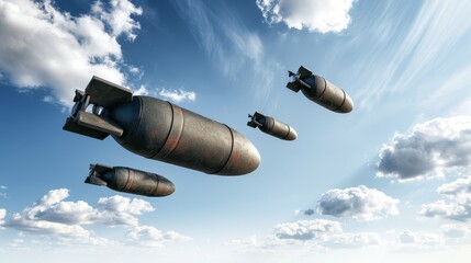 Obraz premium Military bombs falling from blue sky with white clouds, 3D render showing aerial attack concept, warfare, defense, danger and dramatic conflict scene with modern military simulation security themes